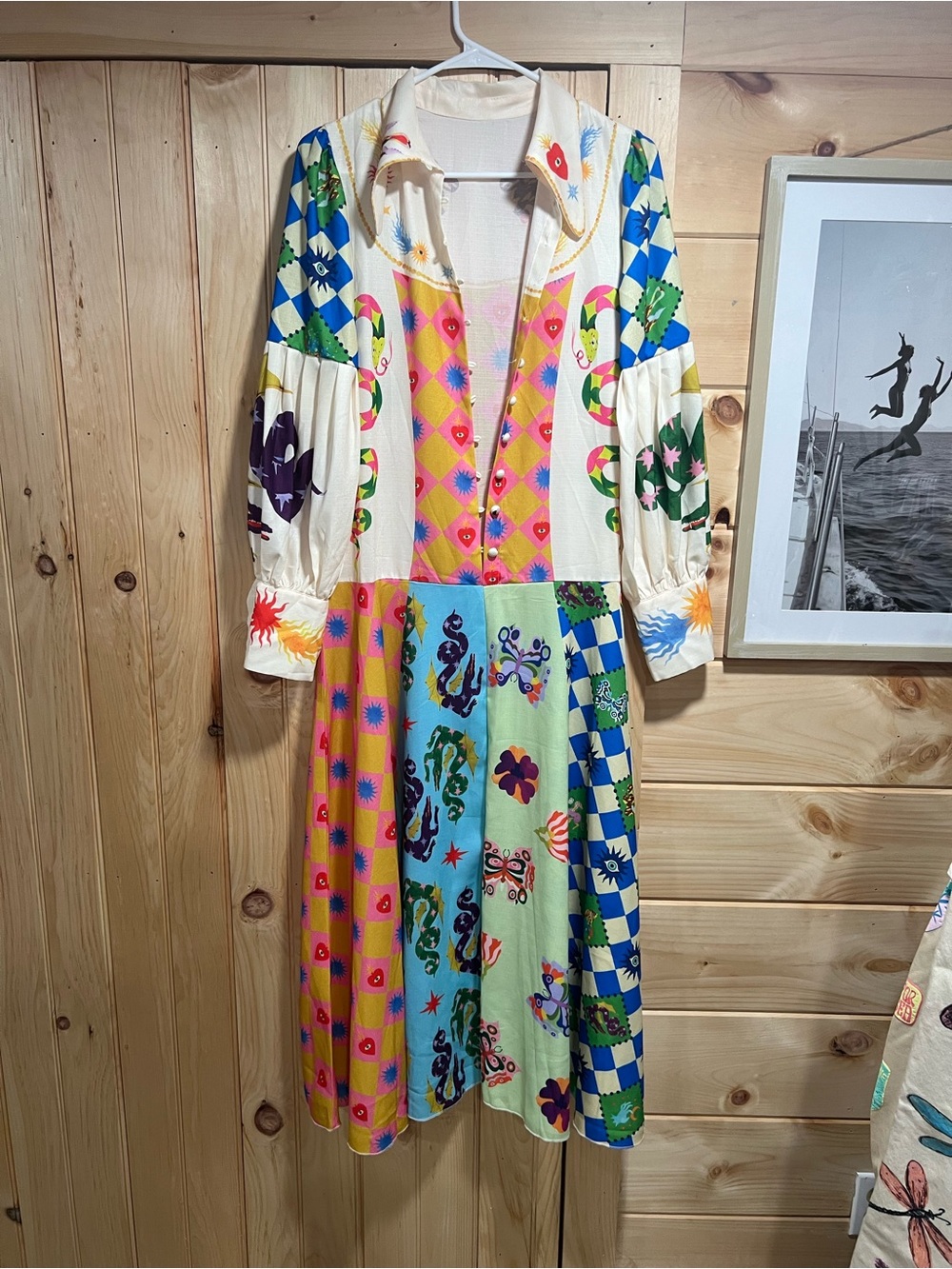 FARM Rio Multicolor Patchwork Midi Dress in Blue, Green, Pink, Yellow